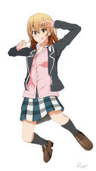  1girl absurdres black_jacket black_socks brown_hair brown_shoes cardigan commentary highres isshiki_iroha jacket pink_cardigan pleated_skirt school_uniform shoes skirt smile socks striped_clothes striped_skirt tongue tongue_out yahari_ore_no_seishun_lovecome_wa_machigatteiru. 