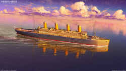  3d arsenixc bilingual_commentary blue_sky clouds commentary copyright_logo copyright_notice cruise_ship dated_commentary english_commentary highres logo mixed-language_commentary nikki_(series) no_humans ocean official_art realistic reflection reflective_liquid ripples scenery shining_nikki sky sunset vehicle_focus water 