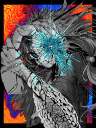  1girl abstract_background arms_up attacking_viewer bandaged_arm bandages black_border blue_eyes border commentary_request dirty dirty_face eye_beam floating_hair frilled_sleeves frills grin hair_bobbles hair_ornament hand_on_own_head highres holding_own_wrist long_hair nijisanji orange_background outside_border partially_colored smile smirk solo three-quarter_sleeves torn_clothes toy_box3 upper_body virtual_youtuber yokaze_yui 