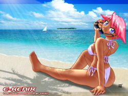  1girl beach bikini blue_eyes boat breasts clouds commentary dark_skin holding holding_removed_eyewear island kenix light_smile looking_at_viewer ocean official_art official_wallpaper original pink_hair sailboat short_hair smile swimsuit thick_thighs thighs unworn_eyewear watercraft white_bikini 