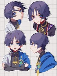  2boys aqua_gem black_bodysuit black_hair black_kimono black_sleeves blood blood_on_face blue_cape blunt_ends bodysuit cape closed_mouth commentary_request covered_collarbone crossed_arms dual_persona empty_eyes feathers gem genshin_impact gold half-closed_eyes hands_on_own_arms highres japanese_clothes jewelry juban kimono looking_at_viewer looking_to_the_side mandarin_collar mitsudomoe_(shape) multiple_boys multiple_expressions multiple_views neck_ring no_pupils open_mouth purple_rope red_kimono rope scaramouche_(genshin_impact) shimenawa side_cape smile sweat sweatdrop tarou_ota0 tomoe_(symbol) tsurime violet_eyes vision_(genshin_impact) wanderer_(genshin_impact) white_kimono white_rope white_sleeves yellow_feathers 