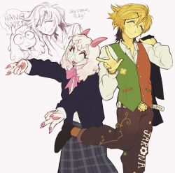  2boys :3 :d ^_^ animal_hands belt belt_buckle blonde_hair blue_jacket bow brown_pants buckle checkered_clothes checkered_skirt closed_eyes colored_skin deltarune doodle_inset double_v eyeshadow fang flower flowery_(deltarune) furry furry_male glasses goat_boy goat_horns green-framed_eyewear heaven_(blkventi) highres holding holding_unworn_clothes horns jacket leg_up long_skirt makeup multiple_boys nail_polish open_collar pants pink_bow pink_eyeshadow pink_horns ralsei round_eyewear school_uniform shirt short_hair skirt smile two-tone_vest utdr_(toby_fox) v vest white_background white_belt white_fur white_shirt yellow_flower yellow_skin 
