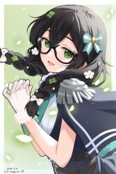  1girl :d binchou_maguro black-framed_eyewear black_hair blue_bow blue_cape border bow cape cevio commentary_request crossed_bangs dated double-parted_bangs fur-trimmed_gloves fur_trim glasses gloves green_background green_eyes hair_between_eyes hair_bow hanakuma_chifuyu hanakuma_chifuyu_(sv2) highres long_hair open_mouth outside_border own_hands_together shirt signature smile solo striped_bow synthesizer_v upper_body white_border white_bow white_gloves white_shirt 