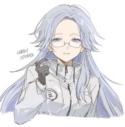  1girl aotsuki_eito black_gloves commentary_request cropped_torso genderswap genderswap_(mtf) glasses gloves grey_hair hand_up jacket korean_commentary korean_text long_hair looking_at_viewer parted_lips siiin098 simple_background sketch solo the_hundred_line_-last_defense_academy- violet_eyes white_jacket 