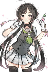  1girl black_hair black_thighhighs commentary_request cowboy_shot dango food gloves green_neckerchief grey_eyes grey_sailor_collar grey_vest hair_over_shoulder hair_ribbon hanazuki_(kancolle) kantai_collection kaomoji_(sagor00237) low_twintails neckerchief pink_ribbon pleated_skirt ribbon sailor_collar skirt solo standing thigh-highs twintails vest wagashi white_gloves white_skirt 