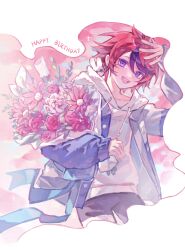  1boy absurdres black_hair black_pants blue_eyes blue_jacket blue_ribbon bouquet chinese_commentary commentary_request cowboy_shot drawstring english_text flower grey_jacket hair_between_eyes hand_on_own_head happy_birthday highres holding holding_bouquet hood hood_down hoodie jacket jacket_over_hoodie long_sleeves male_focus miao_miao_miao_le multicolored_hair multicolored_jacket open_clothes open_jacket open_mouth pants red_flower red_hair ribbon short_hair sleeves_past_wrists smile solo streaked_hair sumino_takumi teeth the_hundred_line_-last_defense_academy- two-tone_hair two-tone_jacket upper_teeth_only white_hoodie 