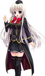 1girl absurdres aiguillette aina_ashwin belt belt_pouch black_belt black_boots black_jacket black_thighhighs blue_eyes boots bow bowtie breasts brooch buttons double-breasted game_asset gold_trim grey_hair hat highres jacket jewelry large_breasts long_hair long_sleeves military_dress_uniform military_hat military_uniform miniskirt non-web_source official_art pocket pouch prism_recollection! red_bow red_bowtie shintarou shoulder_boards skirt tachi-e tailcoat thigh-highs thigh_boots zettai_ryouiki 