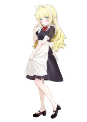  1girl apron aqua_eyes black_dress blonde_hair bow bowtie breasts commentary_request dress elf full_body hand_up highres long_hair maid maid_headdress mary_janes notched_ear original pale_skin pointy_ears puffy_short_sleeves puffy_sleeves red_bow red_bowtie shoes short_sleeves simple_background small_breasts solo standing subachi white_apron white_background 