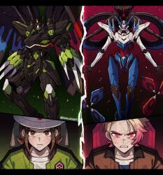  1boy 1girl absurdres blonde_hair brown_eyes brown_hair brown_jacket cockpit floette floette_(eternal) green_jacket gundam harmony_(pokemon) hat highres holding jacket lemon_mango1 long_sleeves looking_at_viewer mecha mobile_suit open_clothes open_jacket open_mouth pilot pilot_chair piloting pokemon pokemon_(creature) pokemon_legends:_z-a robot science_fiction shirt short_hair smile sweatdrop teeth urbain_(pokemon) v-fin white_hat white_shirt wings zygarde zygarde_(complete) 