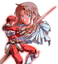  1boy 1girl adol_christin ancient_ys_vanished aqua_dress armor blue_eyes blue_pupils breastplate brown_eyes brown_gloves brown_hair closed_mouth commentary_request curtained_hair dress fantasy faulds gloves greaves hair_between_eyes holding holding_sword holding_weapon leather leather_gloves light_smile lilia_(ys) long_hair long_sword looking_at_viewer open_mouth outline pants parted_bangs pauldrons poleyn projected_inset red_hair red_outline red_pants red_shirt sheath shirt short_hair shoulder_armor shouting simple_background smile sword tassets upper_body weapon wispy_bangs xiacheng_tatsuya young_sunday ys 