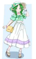  1girl absurdres adjusting_clothes adjusting_headwear bag bare_shoulders blue_background braid braid_over_shoulder closed_mouth collarbone commentary_request eggplant7217 fingernails full_body green_eyes green_hair green_nails green_ribbon green_shirt hair_over_shoulder hat hat_ribbon highres long_skirt looking_at_viewer nail_polish off-shoulder_shirt off_shoulder original platform_sandals pointy_ears ribbon sandals shirt short_sleeves simple_background skirt solo standing toenail_polish toenails twin_braids white_background white_hat white_skirt yellow_bag 
