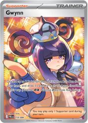  1girl artist_name blue_gloves candle card_(medium) character_hat character_name coat company_name copyright_name dress english_text fire furrowed_brow gloves gwynn_(pokemon) hat litwick long_sleeves looking_at_viewer mega_ring open_clothes open_coat partially_fingerless_gloves pointing pointing_at_viewer pokemon pokemon_(creature) pokemon_card pokemon_legends:_z-a pokemon_tcg purple_fire purple_hair saitou_naoki second-party_source short_hair smile trading_card violet_eyes white_coat yellow_eyes 