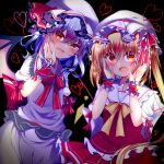  2girls black_background blonde_hair blue_hair bow bowtie collared_shirt commission flandre_scarlet hat hat_ribbon heart highres koharu_hiyorii mob_cap multiple_girls red_shirt red_skirt remilia_scarlet ribbon shirt short_hair siblings sisters skeb_commission skirt touhou white_shirt white_skirt 