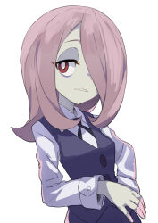  1girl absurdres black_vest breasts bright_pupils collared_shirt commentary_request gazacy_(dai) hair_over_one_eye hand_on_own_hip highres jaggy_lines little_witch_academia long_hair long_sleeves looking_at_viewer luna_nova_school_uniform neck_ribbon one_eye_covered own_hands_together pale_skin pink_hair purple_vest red_eyes ribbon school_uniform sharp_teeth shirt simple_background skirt solo sucy_manbavaran teeth upper_body vest white_background white_pupils white_shirt witch 