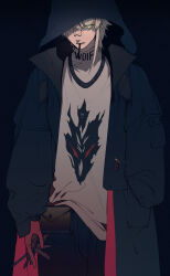  1boy aosta_(arknights) arknights black_background black_coat black_jacket black_pants coat commentary_request cowboy_shot dry-er face_piercing facial_tattoo green_eyes hand_in_pocket highres holding holding_scissors hood hood_up hooded_coat jacket jewelry lip_piercing looking_at_viewer male_focus mouth_hold neck_tattoo necklace pants piercing pouch scissors shirt short_hair simple_background solo tattoo white_hair white_shirt yellow_eyes 