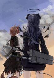  2girls ammunition_belt arknights bag bird_girl bird_tail black_halo black_horns black_jacket black_wings blue_hair breasts clouds cloudy_sky commentary_request demon_tail energy_wings facing_away fallen_angel feather_hair fiammetta_(arknights) fur-trimmed_jacket fur_trim halo highres horns jacket large_breasts long_hair marin_(jaguchi38) medium_breasts mostima_(arknights) multiple_girls shirt shoulder_bag sky staff tail white_shirt wings 