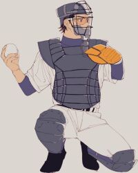  1boy ball baseball_(object) baseball_(sport) baseball_helmet baseball_mitt baseball_uniform belt black_belt brown_eyes brown_hair catcher's_mask catcher_(baseball) chest_protector commentary_request compression_shirt daiya_no_ace full_body goggles grey_background helmet layered_sleeves long_sleeves looking_ahead male_focus miyuki_kazuya on_one_knee pants sa_mon shin_guards short_hair short_over_long_sleeves short_sleeves simple_background solo sportswear white_pants 