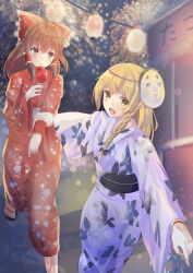  2girls absurdres aerial_fireworks alternate_costume black_bow black_sash blonde_hair bow braid brown_hair commentary_request fireworks floral_print floral_print_kimono frilled_bow frilled_hair_tubes frills hair_bow hair_tubes hakurei_reimu highres holding_another's_wrist japanese_clothes kimono kirisame_marisa lantern long_hair mask mask_on_head multiple_girls obi obijime open_mouth outdoors paper_lantern print_kimono purple_kimono red_bow red_kimono sandals sash side_braid single_braid smile touhou uruna00 white_sash yellow_eyes yukata 