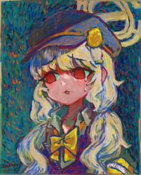  <o>_<o> 1girl abstract_background absurdres aoba_(blue_archive) armband blonde_hair blue_archive blue_hat bow bowtie brush_stroke chestnut_mouth commentary_request dress_shirt faux_traditional_media fine_art_parody green_background hair_ornament hairclip halo hat highres impressionism long_hair looking_to_the_side loose_bowtie nervous nervous_sweating newsboy_cap no_pupils parody partially_unbuttoned raised_inner_eyebrows shirt signature solo sweat sweatdrop tearing_up twintails upper_body vincent_van_gogh_(style) white_shirt wing_collar yellow_armband yellow_bow yellow_bowtie yellow_halo yubanayuna 