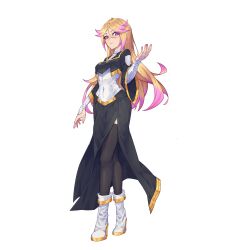  1girl absurdres adapted_costume azure_striker_gunvolt blonde_hair boots breasts colored_tips commission commissioner_upload covered_navel eyelashes full_body genderswap genderswap_(mtf) high_heel_boots high_heels highres kiauwrenn light_smile long_hair long_skirt long_sleeves looking_at_viewer medium_breasts multicolored_hair non-web_source pink_eyes pink_nails skirt solo thigh-highs thighs transparent_background zonda_(gunvolt) 