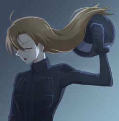  1girl biker_clothes bikesuit black_bodysuit black_gloves black_helmet bodysuit brown_hair closed_eyes commentary floating_hair gloves gradient_background hagiwara_chihaya helmet highres holding holding_unworn_helmet meitantei_conan parted_lips profile red_lips solo ss_100010 sweat u_u unworn_headwear unworn_helmet upper_body 