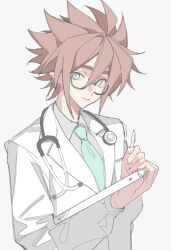  1boy absurdres anmicius aotu_world aqua_eyes aqua_necktie bespectacled black-framed_eyewear bohui24124 brown_hair chinese_commentary collared_shirt commentary_request doctor glasses grey_background grey_shirt hair_between_eyes highres holding holding_pen lab_coat lapels long_sleeves male_focus necktie notched_lapels pen pointy_ears semi-rimless_eyewear shirt short_hair simple_background solo spiky_hair stethoscope_around_neck wing_collar 