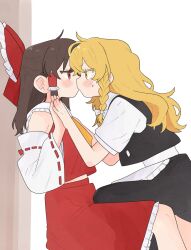  2girls apron ascot black_skirt black_vest blonde_hair blush bow braid brown_hair commentary_request detached_sleeves eye_contact frilled_bow frilled_hair_tubes frilled_skirt frills from_side hair_bow hair_tubes hakurei_reimu highres kirisame_marisa kiss komori_kamome long_hair looking_at_another missing_headwear multiple_girls red_bow red_eyes red_skirt ribbon-trimmed_sleeves ribbon_trim short_sleeves side_braid simple_background single_braid skirt skirt_set sweatdrop touhou vest waist_apron white_apron white_background white_bow yellow_ascot yellow_eyes yuri 