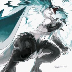  1girl animal_focus aqua_claws aqua_eyes aqua_hair aqua_necktie claws commentary_request dragon eastern_dragon hatsune_miku highres moonagvaze necktie open_mouth roaring scales twintails vocaloid white_background 