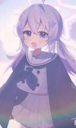  1girl :d ahoge black_jacket black_neckerchief blue_archive blush buttons commentary_request cowboy_shot double-breasted double-parted_bangs grey_serafuku grey_shirt grey_skirt hair_between_eyes hair_intakes hair_ornament halo jacket long_sleeves looking_at_viewer low_twintails multicolored_hair neckerchief open_clothes open_jacket open_mouth peso_(pesomeren) pink_hair pink_halo pleated_skirt purple_hair reisa_(blue_archive) sailor_collar school_uniform serafuku shirt skirt smile solo star_(symbol) star_hair_ornament star_halo twintails two-tone_hair violet_eyes white_sailor_collar 