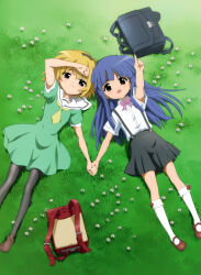  2girls absurdres backpack bag blonde_hair blue_eyes blue_hair bow dress flower furude_rika grass green_dress green_skirt hairband highres higurashi_no_naku_koro_ni holding_hands houjou_satoko long_hair lying multiple_girls on_back pantyhose pink_bow pointing randoseru randoseru_removed red_eyes sailor_collar sailor_dress sakai_kyuuta short_hair skirt socks suspender_skirt suspenders unworn_backpack unworn_bag white_sailor_collar white_socks 