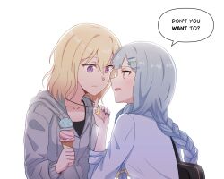  2girls bang_dream! bang_dream!_it's_mygo!!!!! blonde_hair blue_hair blue_shirt braid commentary english_text eye_contact grey_jacket hair_between_eyes highres holding holding_ice_cream_cone ice_cream_cone jacket long_hair looking_at_another misumi_uika multiple_girls navn4v necklace_pull open_mouth shirt simple_background togawa_sakiko twin_braids untranslatable_commentary violet_eyes white_background yellow_eyes yuri 