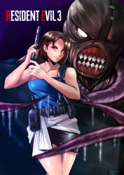  1boy 1girl absurdres bagakang black_skirt blue_tube_top brown_hair clothes_around_waist copyright_name gun handgun highres holding holding_gun holding_weapon jill_valentine miniskirt nemesis_(resident_evil) one-eyed resident_evil resident_evil_3:_nemesis sharp_teeth short_hair skirt stitched_face stitches strapless sweater sweater_around_waist teeth tube_top weapon 