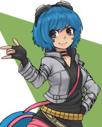  1girl \n/ azurdraws bag belt black_eyes black_gloves black_shirt blue_bag blue_hair blush closed_mouth commentary_request cropped_jacket eyelashes fingerless_gloves gloves goggles goggles_on_head grey_jacket hand_on_own_hip handbag highres jacket lips long_sleeves open_clothes open_jacket ramona_flowers scott_pilgrim_(series) shirt short_hair simple_background smile solo spanish_commentary two-tone_background v-neck yellow_belt 
