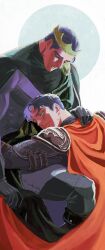  absurdres armor batman_(series) black_hair breastplate bruce_wayne cape commentary_request dc_comics full_armor gauntlets gloves highres jason_todd knight korean_commentary male_focus medieval multiple_boys muscular muscular_male mw_house pauldrons plate_armor short_hair shoulder_armor 