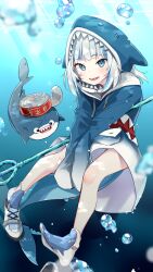  1girl air_bubble animal_costume animal_hood arms_between_legs bilingual_commentary bloop_(gawr_gura) blue_eyes blue_hoodie blue_shoes blue_streaks blurry blurry_foreground blush bubble commentary dot_nose english_commentary fins fish_tail floating full_body gawr_gura gawr_gura_(1st_costume) gradient_clothes gradient_jacket grey_hair highres holding holding_polearm holding_weapon hololive hololive_english hood hood_up hoodie jacket light_rays long_sleeves looking_at_viewer medium_hair mixed-language_commentary multicolored_hair open_mouth polearm print_socks shark_costume shark_girl shark_hood shark_print shark_tail sharp_teeth shoes sidelocks sleeves_past_fingers sleeves_past_wrists smile sneakers socks streaked_hair submerged sunbeam sunlight tail teeth trident two-tone_hair two-tone_hoodie two-tone_socks underwater unworn_shoes upper_teeth_only virtual_youtuber weapon white_shoes yuyaiyaui 