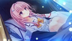  1boy 1girl blue_necktie bow bowtie buttons collarbone da_capo da_capo_iv double-breasted game_asset hair_ornament highres hugging_own_legs jacket kisaragi_yuu_(kisaragiyu) lapels long_hair long_sleeves miniskirt mishima_miu necktie non-web_source official_art pink_hair pleated_skirt sailor_collar school_uniform serafuku shirt sitting skirt sleeve_cuffs striped_clothes tokisaka_ichito violet_eyes white_jacket white_sailor_collar white_shirt white_skirt yellow_bow yellow_bowtie 