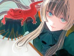  1girl animal_on_hand asymmetrical_dress bearded_dragon black_gloves black_hair blue_background blue_eyes blunt_bangs commentary_request drawing_l_mouse dress eyebrows_hidden_by_hair floating_hair folding_fan frilled_dress frilled_sleeves frills from_above gloves green_dress grey_streaks hand_fan hand_up hime_cut holding holding_fan hololive hololive_dev_is juufuutei_raden juufuutei_raden_(1st_costume) lizard long_sleeves looking_at_viewer looking_up loose_hair_strand multicolored_hair sidelocks simple_background smile solo streaked_hair two-tone_hair upper_body virtual_youtuber 