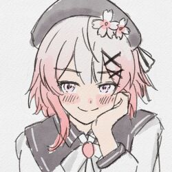  1girl beret black_coat black_hat blush chinese_commentary closed_mouth coat collared_coat commentary_request flower gradient_hair hair_flower hair_ornament hat hat_flower hat_ribbon head_on_hand highres long_sleeves looking_at_viewer mahou_shoujo_no_majo_saiban multicolored_hair neck_ribbon pink_eyes pink_hair portrait ribbon sakuraba_ema shirt short_hair simple_background sleeveless sleeveless_coat solo superbigneet white_background white_flower white_hair white_ribbon white_shirt white_sleeves x_hair_ornament 