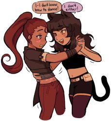  animal_ears belt belt_pouch black_hair black_shirt black_shorts blake_belladonna blue_eyes blush brown_hair brown_jacket brown_pants cat_ears cat_girl cat_tail cheribark crop_top cropped_legs dancing english_text eyelashes holding_hands ilia_amitola jacket long_hair midriff motion_lines navel open_mouth pants pantyhose ponytail pouch purple_pantyhose rwby shirt shorts smile speech_bubble spots tail teeth third-party_source upper_teeth_only white_belt yellow_eyes yuri 