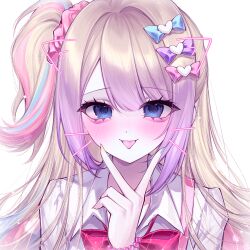  1girl :p aegyo_sal blonde_hair blue_bow blue_eyes blue_hair blue_nails blush bow bowtie bracelet chouzetsusaikawa_tenshi-chan collared_shirt commission drawn_ears drawn_whiskers ear_piercing eyeshadow gyaru hair_bow hair_ornament hair_scrunchie heart heart_hair_ornament highres inward_v jewelry kogal long_hair looking_at_viewer makeup mihuashi_commission multicolored_hair multicolored_nails nail_polish neckerchief needy_girl_overdose one_side_up piercing pink_bow pink_bowtie pink_eyeshadow pink_hair pink_nails pink_scrunchie portrait purple_bow qi_de_sanci_fang red_bow red_bowtie scrunchie shirt simple_background smile solo tongue tongue_out upper_body v v_over_mouth variant_set white_background white_shirt yellow_nails yellow_neckerchief 