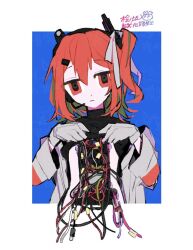  1girl a.i._voice adachi_rei android black_shirt border cable closed_mouth clothes_lift commentary_request expressionless gloves grey_gloves grey_jacket hair_ornament hair_ribbon hairclip headset highres hinoki_(yesfish1117) jacket jitome lifting_own_clothes long_sleeves looking_at_viewer one_side_up open_clothes open_jacket orange_eyes orange_hair outside_border ribbon shirt shirt_lift short_hair solo straight-on upper_body utau watermark 