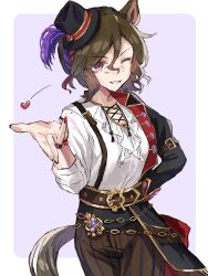  1girl animal_ears asymmetrical_jacket black_jacket breasts brown_hair brown_pants hair_between_eyes hat heart highres horse_ears horse_girl horse_tail jacket long_sleeves looking_at_viewer one_eye_closed pants shirt short_hair smile solo sorekara_64 tail tap_dance_city_(umamusume) tilted_headwear umamusume violet_eyes white_shirt 