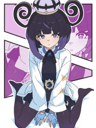  1girl belt black_dress black_hair blue_gloves blunt_bangs blush bob_cut coat commentary_request dress gloves gwynn_(pokemon) hat highres kanbei_(pixiv11037490) long_sleeves looking_at_viewer mega_stone multicolored_hair o-ring o-ring_belt open_clothes open_coat pantyhose parted_lips partially_fingerless_gloves pokemon pokemon_legends:_z-a purple_hair purple_pantyhose short_hair sitting violet_eyes wariza white_coat zoom_layer 