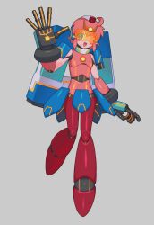  1girl absurdres blue_eyes blush_stickers commentary_request copy_ability highres humanization humanoid_robot joints kanafumi_(spindle) kirby kirby's_return_to_dream_land_deluxe kirby_(series) looking_at_viewer mecha mecha_kirby mechanical_arms open_mouth pants robot robot_joints short_hair simple_background smile 