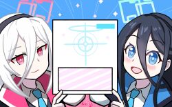  2girls absurdres aqua_halo aris_(blue_archive) black_hair black_hairband blue_archive blue_eyes blue_necktie blush bright_pupils double-parted_bangs envelope hair_between_eyes hairband halo highres holding holding_envelope holding_paper jacket kei_(blue_archive) kei_(student)_(blue_archive) kojimashindi long_hair long_hair_between_eyes looking_at_viewer loosely_tucked_bangs multiple_girls necktie open_mouth paper pink_eyes pink_halo recruitment_(blue_archive) rectangular_halo ringed_eyes shirt siblings sisters smile twins white_hair white_shirt 