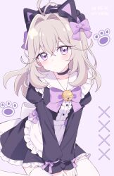  1girl alternate_costume animal_ears antenna_hair apron bell black_choker blush bow cat_ears center_frills choker collar dress enmaided expressionless fake_animal_ears frilled_apron frilled_collar frilled_dress frilled_hairband frills grey_hair hair_intakes hairband highres jingle_bell long_hair long_sleeves looking_at_viewer maid maid_apron maid_headdress meitantei_precure! moria_luluka nyangmomil precure puffy_long_sleeves puffy_sleeves purple_bow thigh-highs unconventional_maid v-neck violet_eyes waist_apron white_apron white_thighhighs 