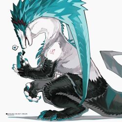  1girl blue_claws blue_hair claws commentary detached_sleeves dragon eastern_dragon grey_shirt hatsune_miku heart highres in_palm moonagvaze number_tattoo petting scales shirt shoulder_tattoo skirt spines spoken_heart tail tattoo twintails untranslatable_commentary vocaloid white_background 