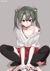  1girl black_thighhighs brown_eyes commentary_request green_hair grey_background hakama hakama_skirt highres indian_style japanese_clothes kantai_collection kimono long_hair miron_(mirona33) reading red_hakama red_skirt sarashi simple_background sitting skirt solo thigh-highs twintails twitter_username white_kimono zuikaku_(kancolle) 