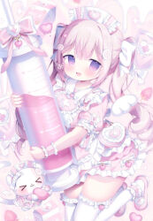  1girl :3 :d apron blunt_bangs blush bow commentary_request cowboy_shot double-parted_bangs dress drink_carton food-themed_hair_ornament frilled_apron frilled_dress frilled_headwear frilled_sleeves frilled_thighhighs frilled_wrist_cuffs frills hair_bow hair_ornament hat holding holding_syringe indie_virtual_youtuber long_hair looking_at_viewer milk_carton mini_wings narutomaki_hair_ornament nekoto_nemuru nurse_cap open_mouth pink_dress pink_hair pink_shoes shoes short_dress short_sleeves sidelocks smile solo syringe thigh-highs tsukimi_mumi twintails violet_eyes virtual_youtuber white_apron white_bow white_hat white_thighhighs wings wrist_cuffs 