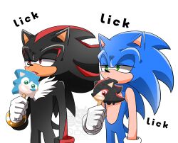  2boys absurdres ametoro black_fur blue_fur english_commentary english_text food furry furry_male hedgehog_boy highres holding holding_food holding_popsicle lowered_eyelids male_focus melting_popsicle multiple_boys open_mouth popsicle shadow_the_hedgehog sonic_(series) sonic_the_hedgehog sound_effects standing tongue tongue_out white_background 